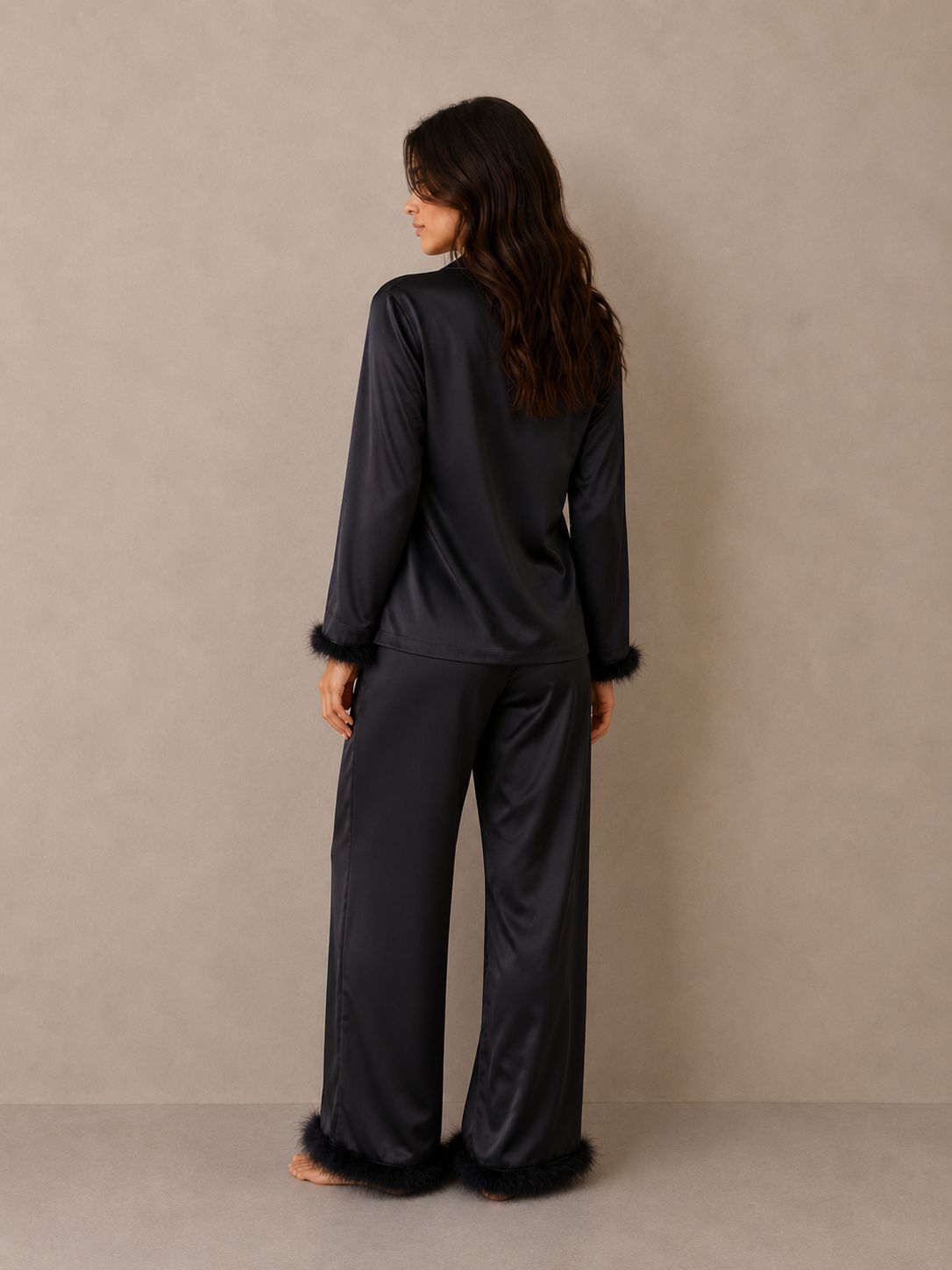 Black Satin Feather Pyjama Set