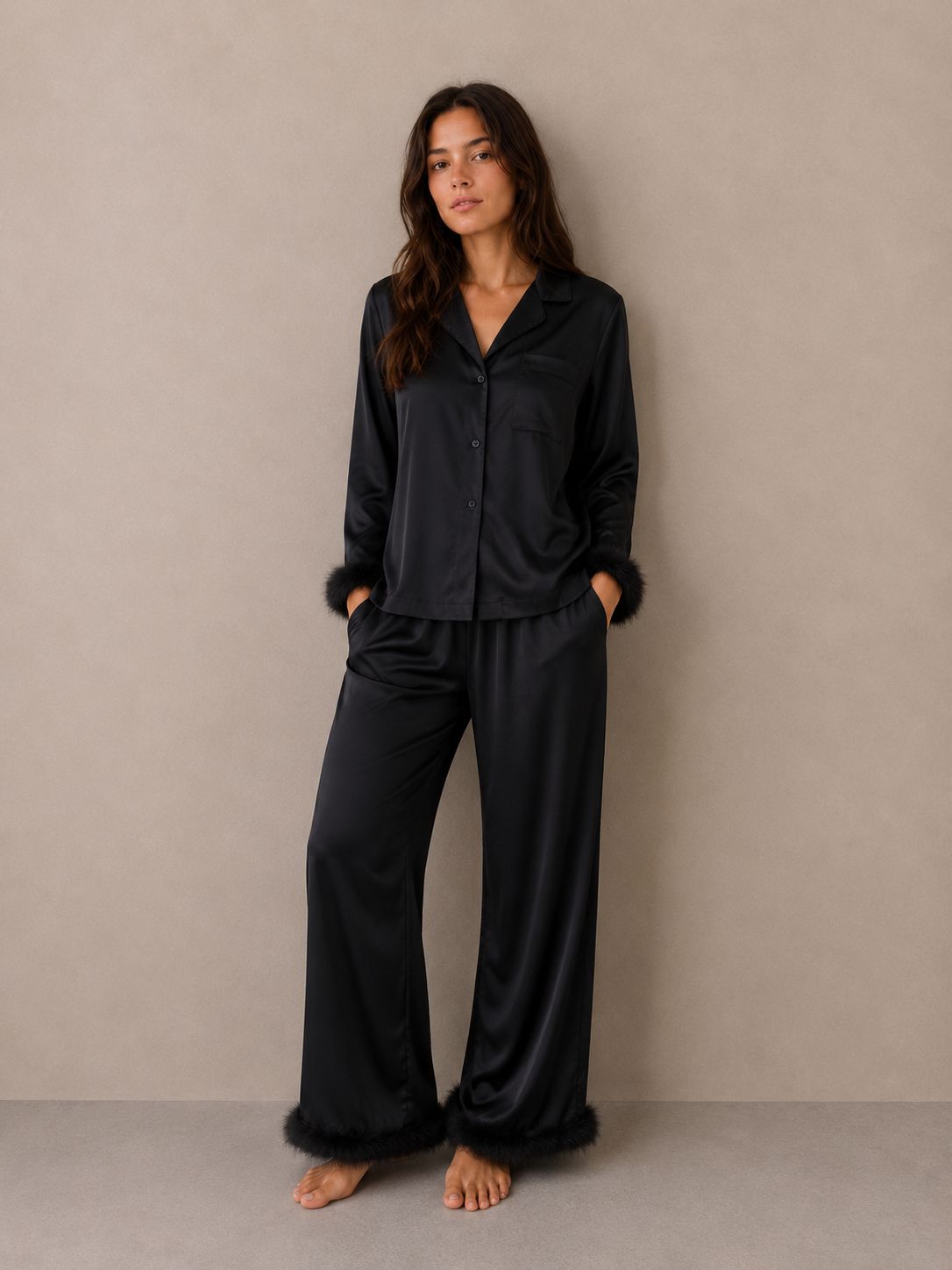 Black Satin Feather Pyjama Set